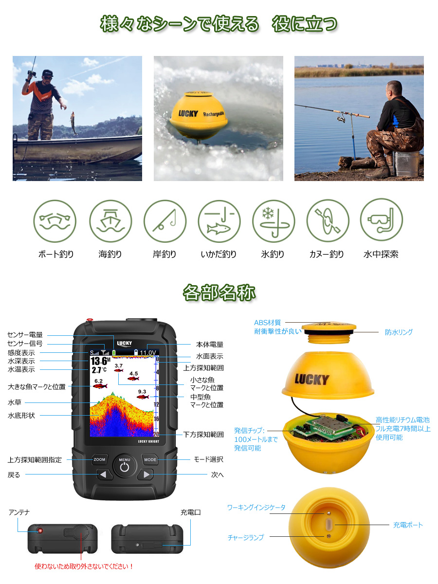 フィッシングLUCKYLAKER ポータブル 魚群探知機 カヤック 魚探 バス釣り 魚探知機